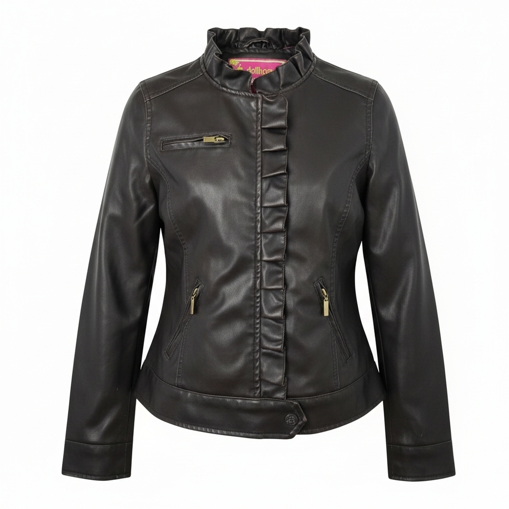 Dollhouse Girls XL 16 Brown Ruffle Moto Jacket Gold Zip Faux Leather